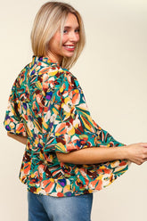 Haptics Full Size Frill Floral Puff Sleeve Peplum Blouse - Elegant & Romantic Women's Top